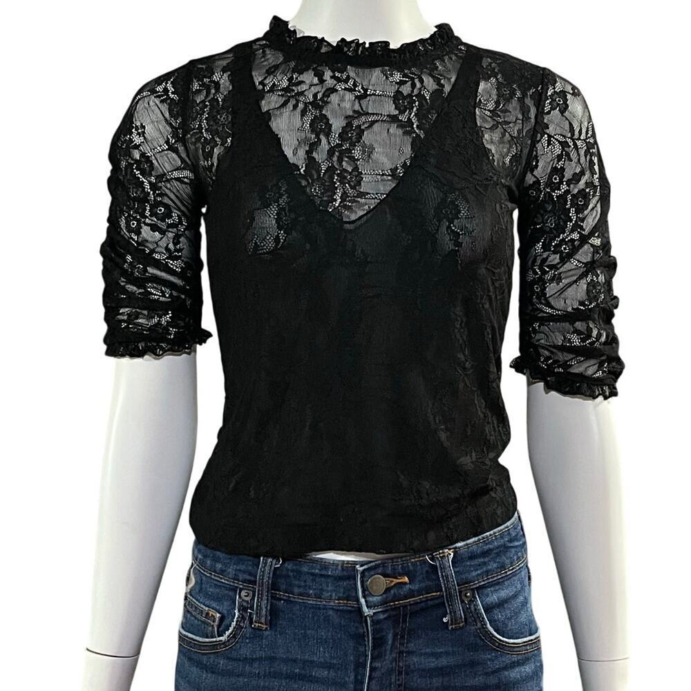 By Anthropologie Womens VNeck Lace Ruched Sleeve Blouse Size Extra Small - Picture 2 of 10